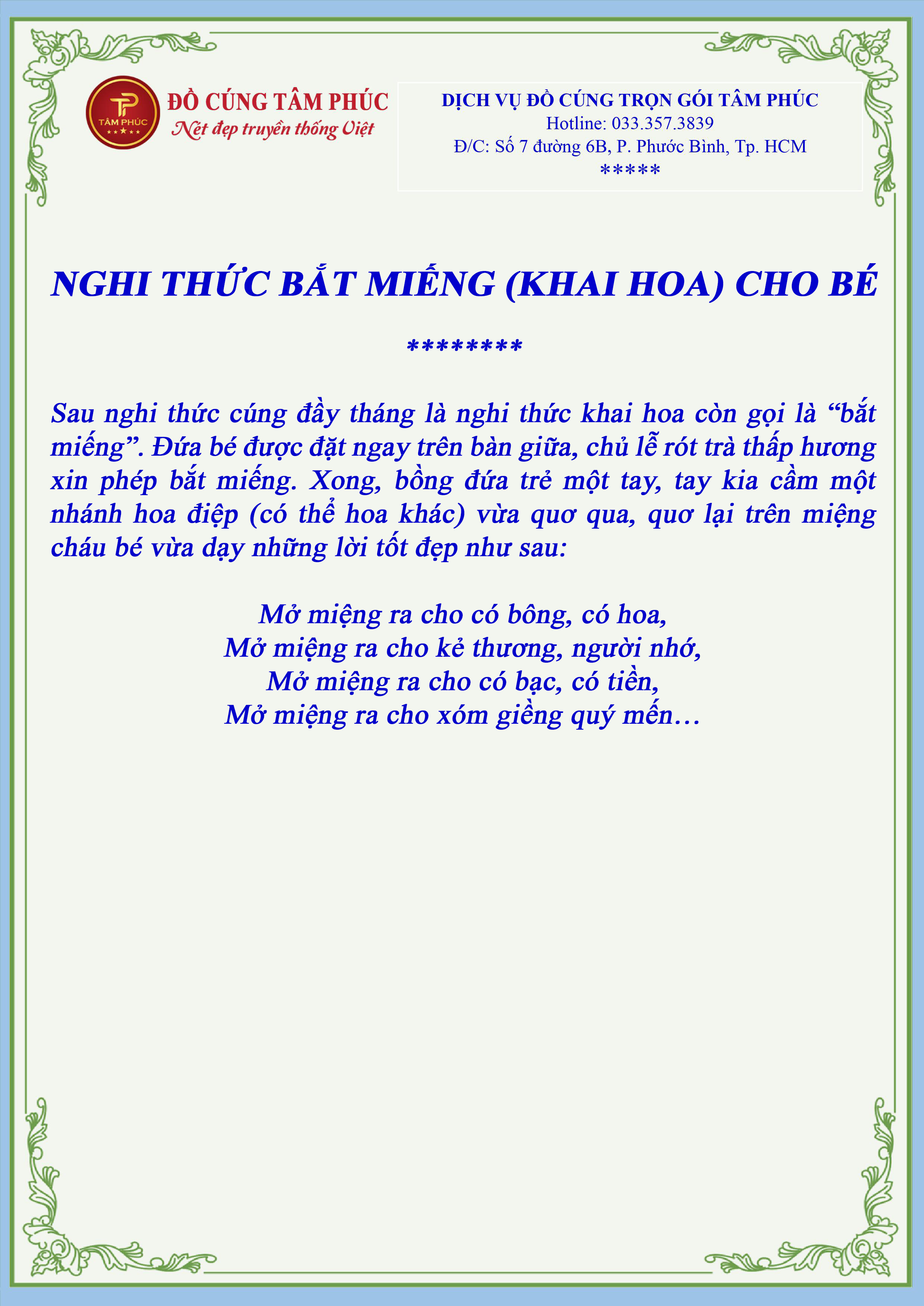 Bắt miếng, Khai hoa cho bé